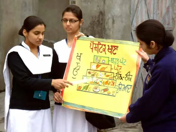 Three nursing students presenting a hand-drawn nutrition pyramid poster during community health education.