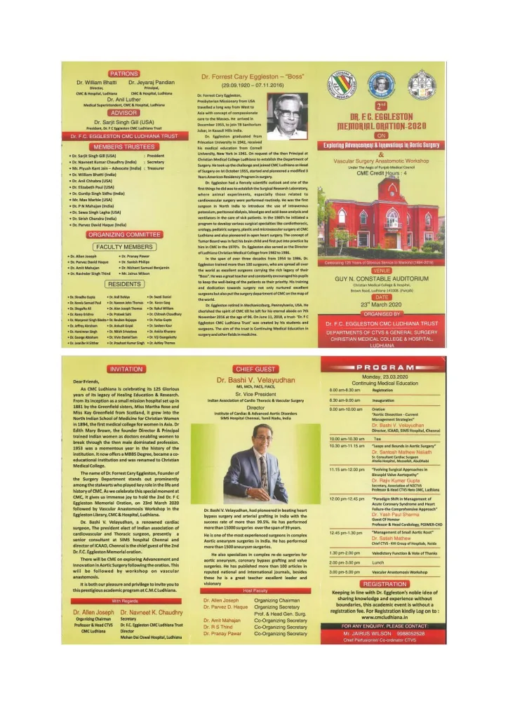 A brochure for the F. C. Eggleston Memorial Oration-2020, featuring event details, speaker profiles with photos, the organizing committee list, and the event program schedule on a yellow background.