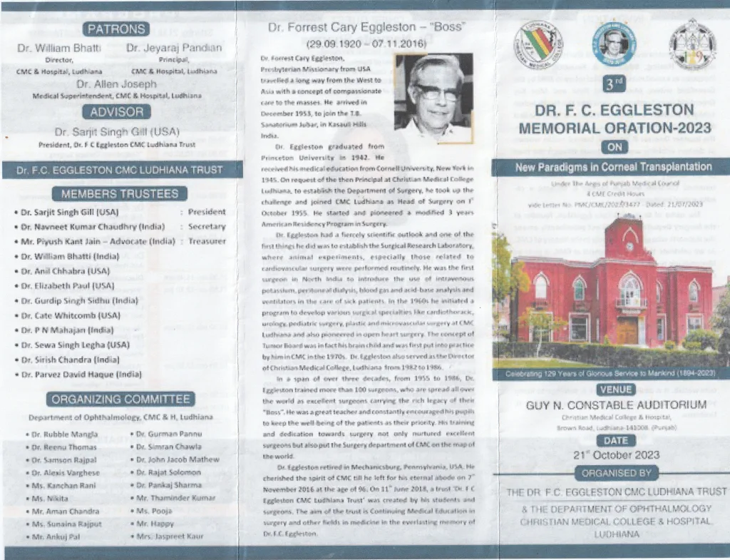 A brochure for the Dr. F.C. Eggleston Memorial Oration-2023, featuring event details, speakers, organizing committee, and an image of Dr. Eggleston and a building, with text about the oration and hospital information.