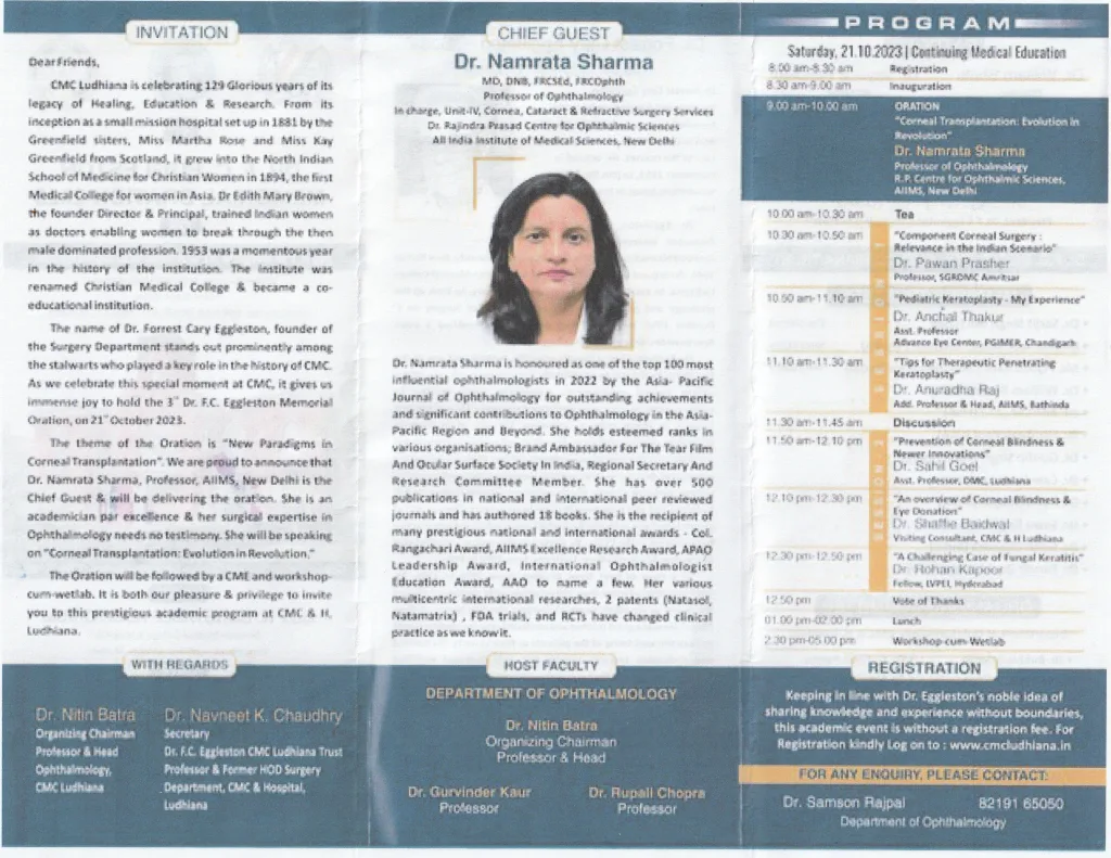 A medical event brochure featuring program details, guest profiles, and a color photo of Dr. Namrata Sharma in the center. The document includes schedules, faculty names, and registration information in columns.