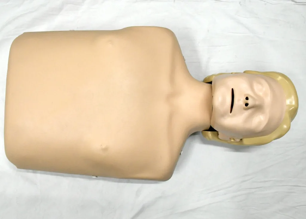 A CPR training manikin torso with a realistic human face and chest, lying on a white surface, used for practicing chest compressions and rescue breathing.