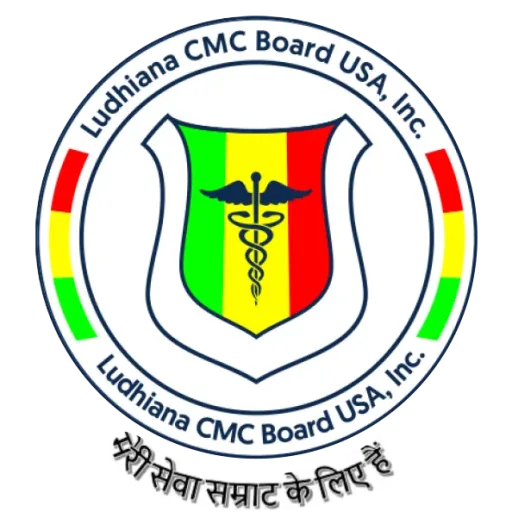 Logo of Ludhiana CMC Board USA, Inc. featuring a shield with a caduceus symbol over green, yellow, and red stripes, surrounded by the organization’s name and Hindi text at the bottom.