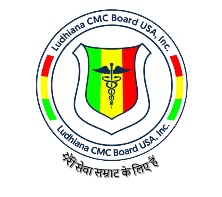 The logo of Ludhiana CMC Board USA, Inc. features a shield with green, yellow, and red stripes and a caduceus symbol, surrounded by the organizations name and Hindi text at the bottom.