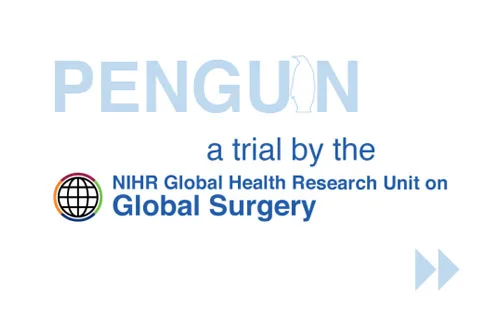 Logo for the PENGUIN trial by the NIHR Global Health Research Unit on Global Surgery, featuring a penguin outline and a globe icon.