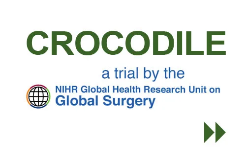 Logo for the CROCODILE trial by the NIHR Global Health Research Unit on Global Surgery, featuring a globe icon and green text.
