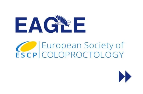 The image shows the EAGLE project logo with an eagle illustration, and the European Society of Coloproctology (ESCP) logo with yellow and blue shapes and text, on a white background. Two blue chevrons appear in the bottom right corner.