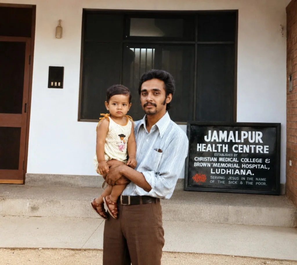 A man holding a small child stands in front of the Jamalpur Health Centre, which is affiliated with Christian Medical College & Brown Memorial Hospital in Ludhiana, as shown on the sign beside them.